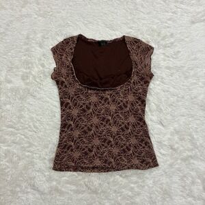 Only 9 Vintage Y2K Style Brown Floral Lace Silver Glitter Top Size Medium